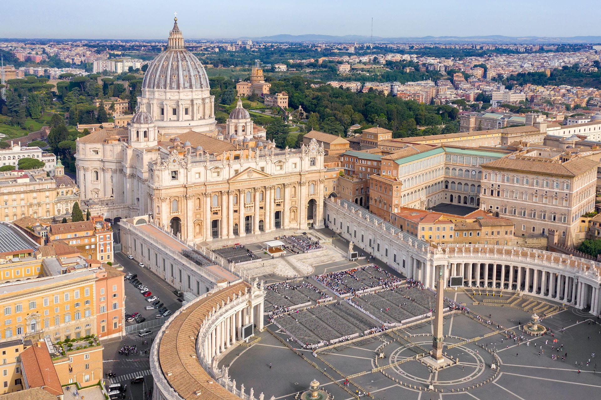 Aerial view of St. Peter's Basilica in the Vatican, Rome, the world's largest church and papal residence.