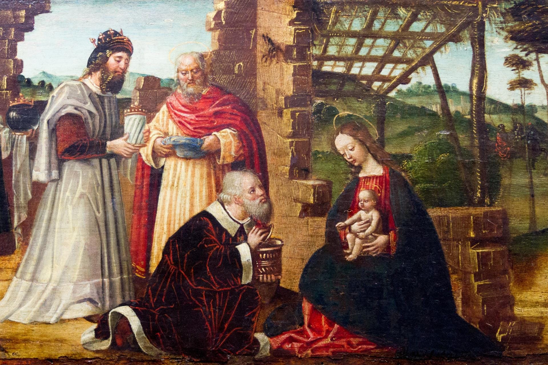 16th-century painting of the Adoration of the Magi offering gifts of gold, frankincense, and myrrh to infant Jesus, Castello Visconteo.