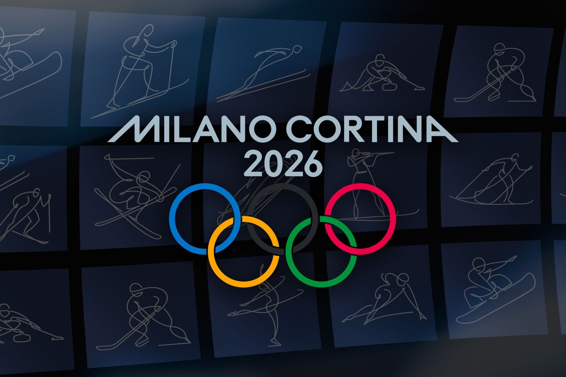 A creative graphic interpretation of the Milano Cortina 2026 winter games featuring a stylized white emblem and various sports pictograms on a modern background.