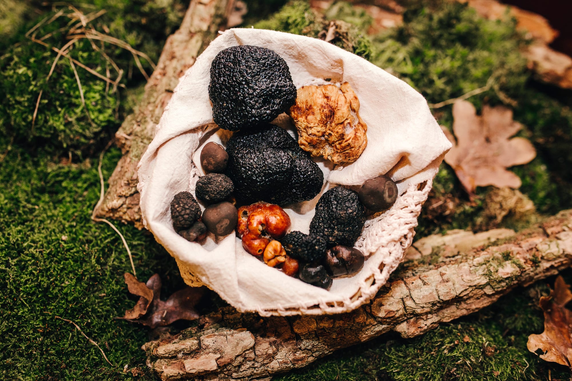 A top-down view of a rustic basket filled with fresh, whole black truffles, symbolizing the autumn gastronomic harvest in Italy.