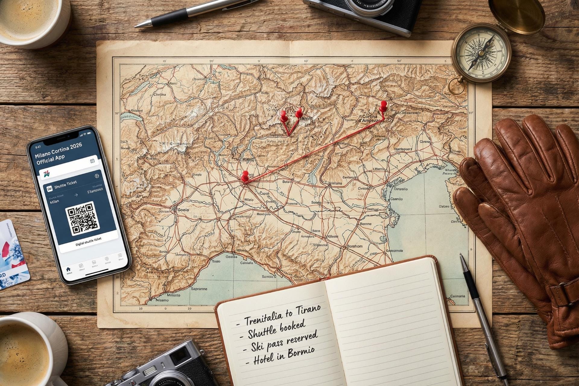 A curated travel planning flat lay for the 2026 Winter Olympics featuring a map of Northern Italy, luxury leather gloves, and an itinerary notebook.